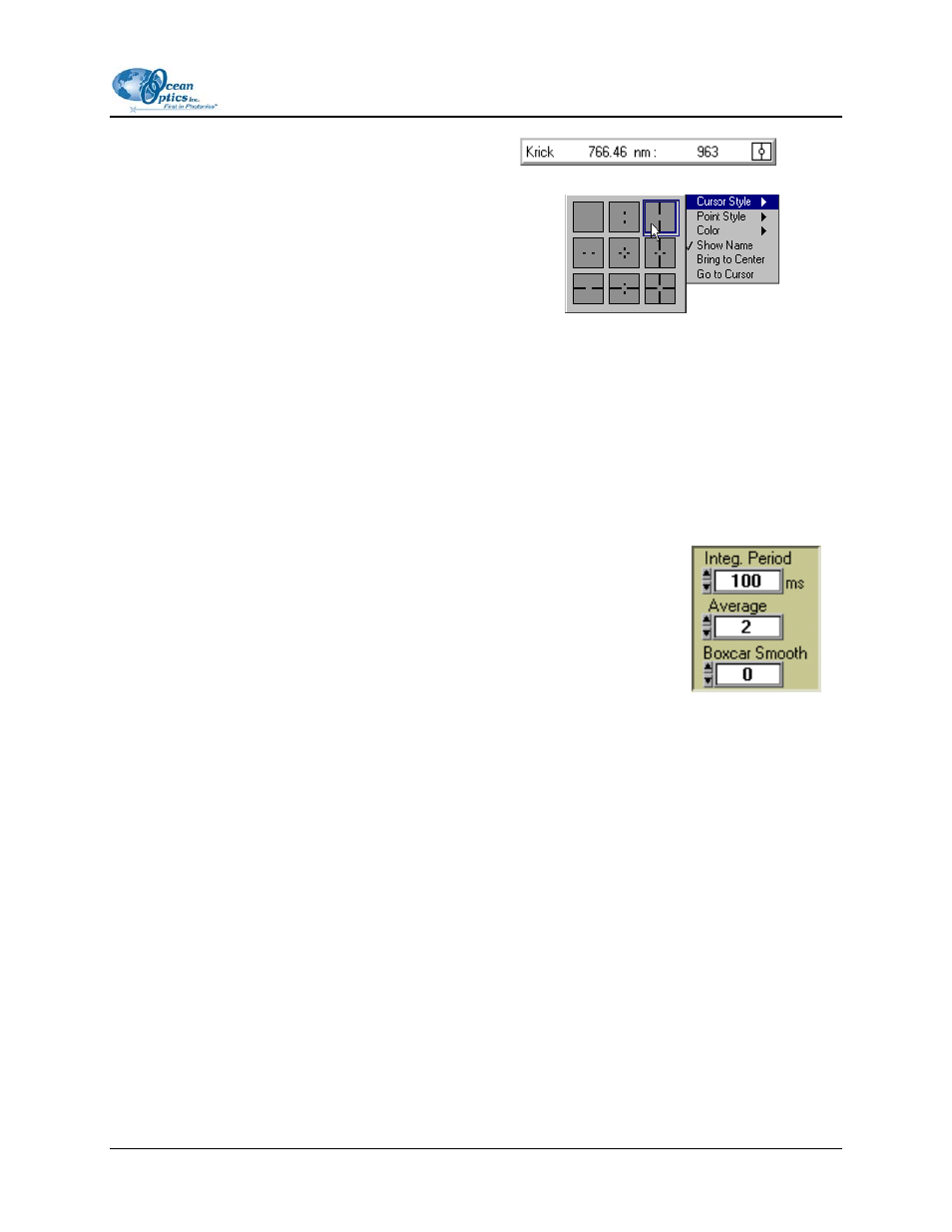 Cursor properties, Text box, Acquisition parameters | Integration period, Average, Boxcar smooth, Reference scan | Ocean Optics CHEM2000 User Manual | Page 15 / 36