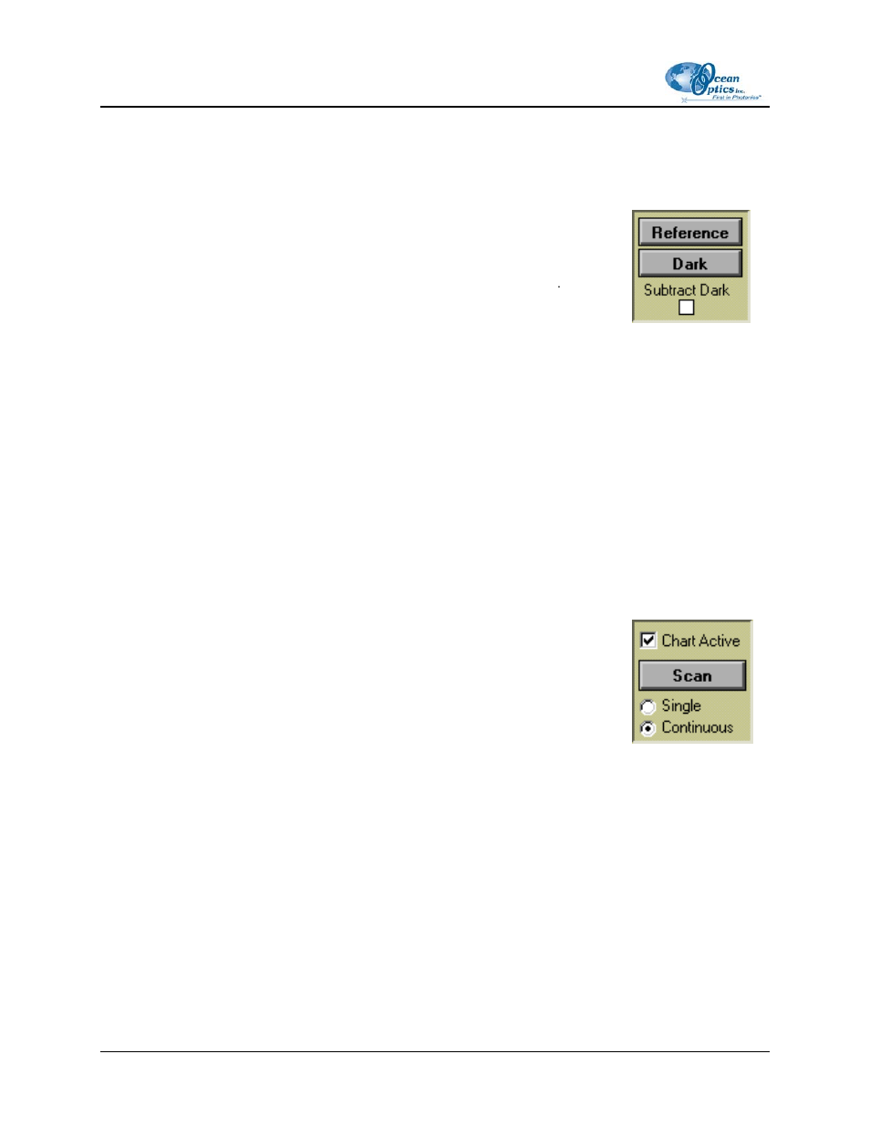 Dark scan, Subtract dark, Acquire data modes | Chart active, Scan/stop button | Ocean Optics CHEM2000 User Manual | Page 16 / 36