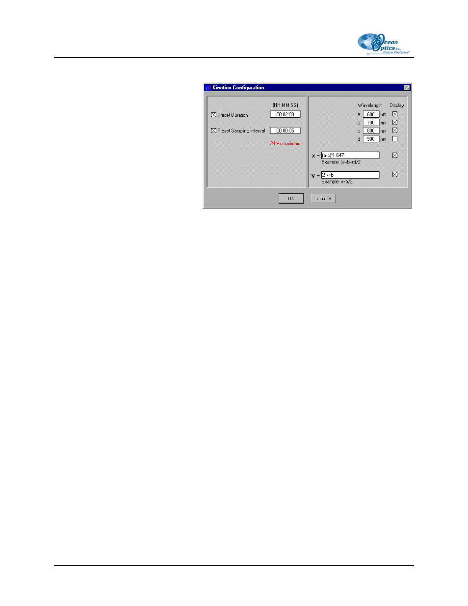 Preset duration, Preset sampling interval, Wavelength | Display, Mathematical calculations | Ocean Optics CHEM2000 User Manual | Page 22 / 36