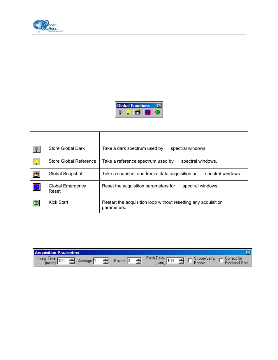 Platinum functions, Global functions, Acquisition parameters | Toolbar, Ooibase platinum | Ocean Optics OOIBase32 User Manual | Page 113 / 140