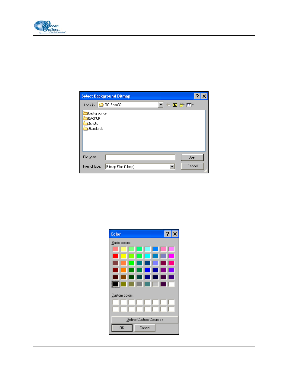 Select bitmap, Set graph background color, Select bitmap set graph background color | Ocean Optics OOIBase32 User Manual | Page 49 / 140