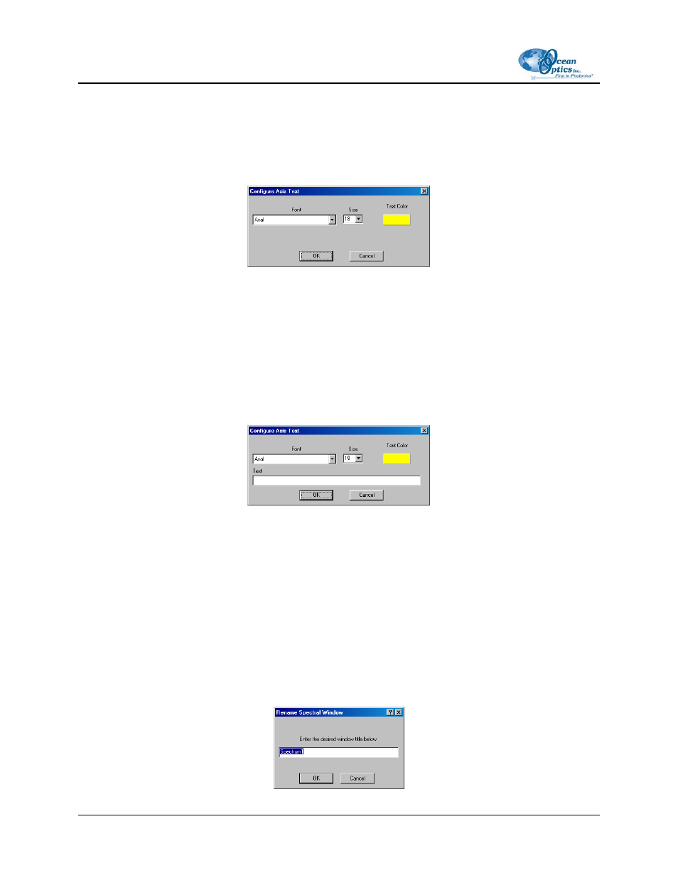 Set axis text properties, Set graph title, Rename spectral window | Ocean Optics OOIBase32 User Manual | Page 50 / 140