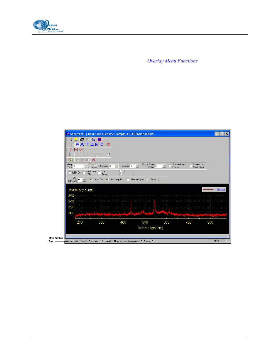 Show overlay filename, Main status bar | Ocean Optics OOIBase32 User Manual | Page 55 / 140