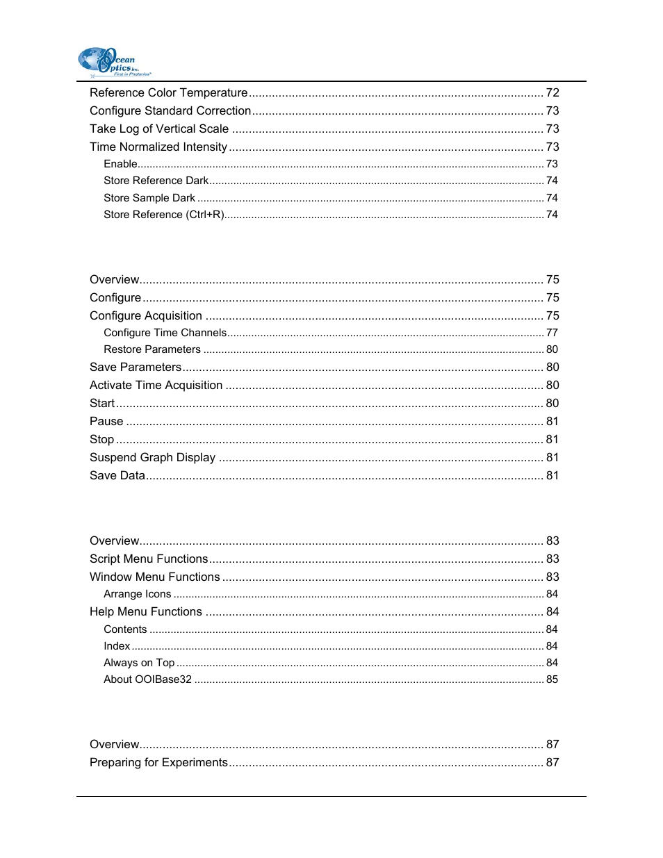Chapter 9: time acquisition menu functions, Chapter 10: other menu functions, Appendix a: experiment tutorials | Ocean Optics OOIBase32 User Manual | Page 7 / 140