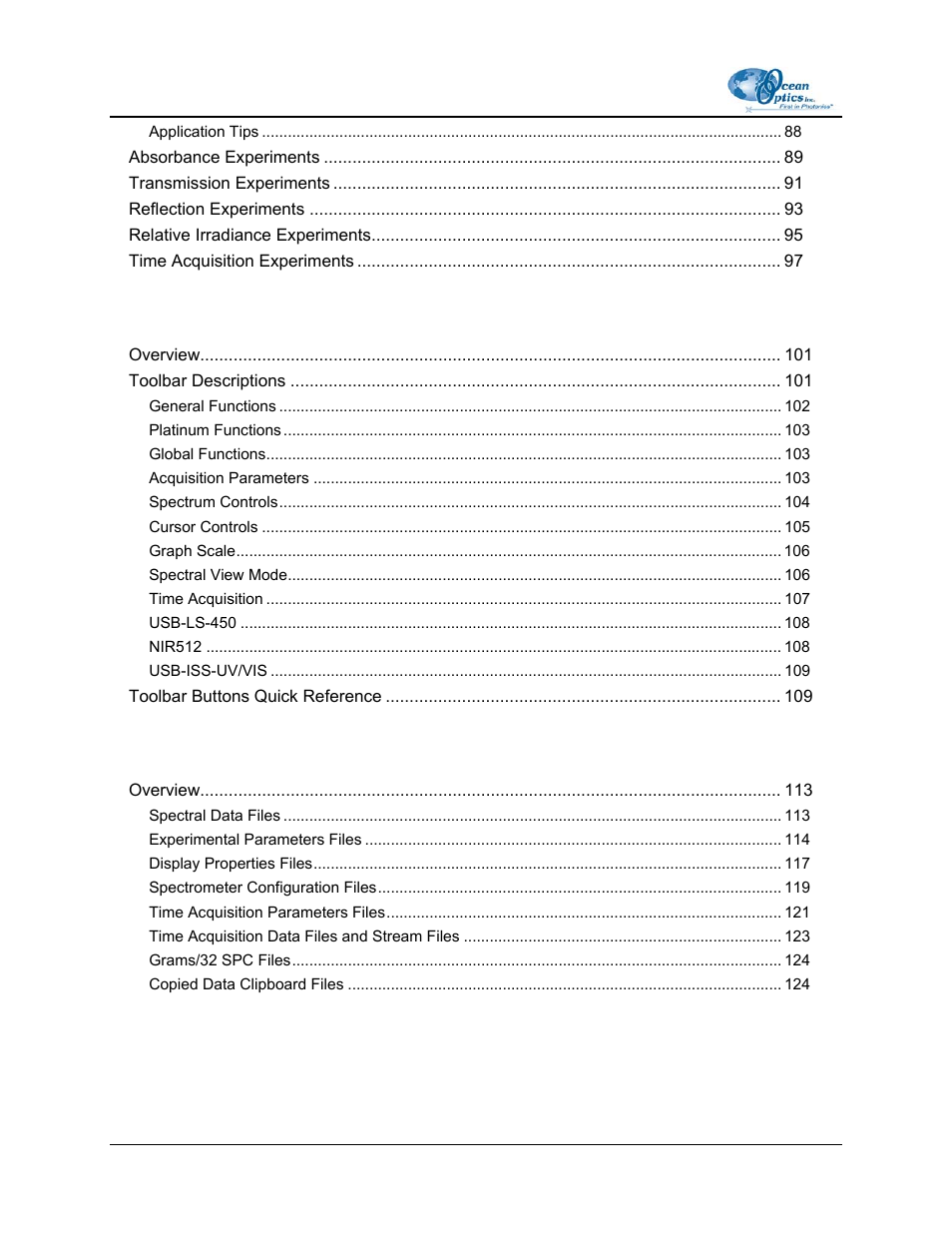 Appendix b: toolbars, Appendix c: file formats, Index | Ocean Optics OOIBase32 User Manual | Page 8 / 140