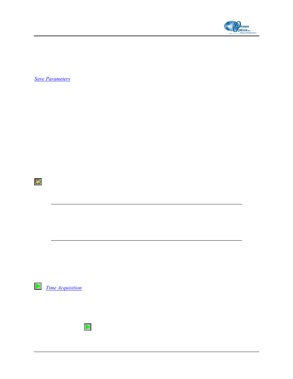 Restore parameters, Save parameters, Activate time acquisition | Start, Save parameters activate time acquisition start | Ocean Optics OOIBase32 User Manual | Page 90 / 140