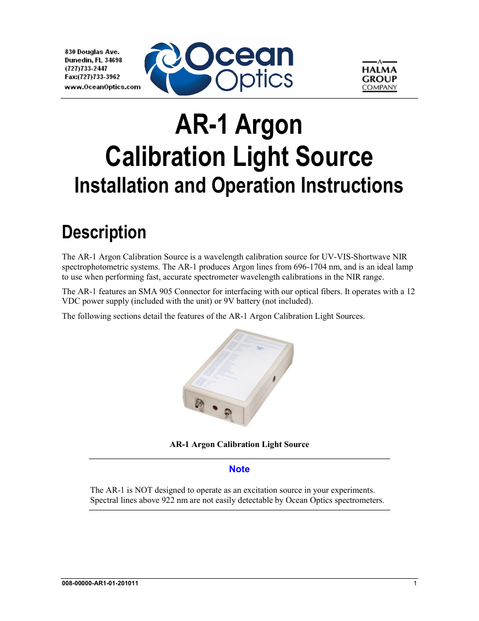 Ocean Optics AR-1 Argon User Manual | 6 pages