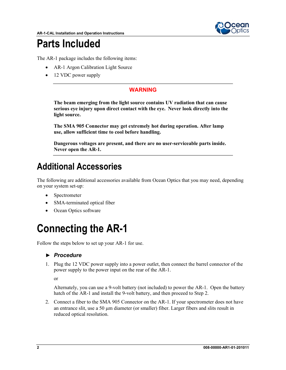Parts included, Connecting the ar-1, Additional accessories | Ocean Optics AR-1 Argon User Manual | Page 2 / 6