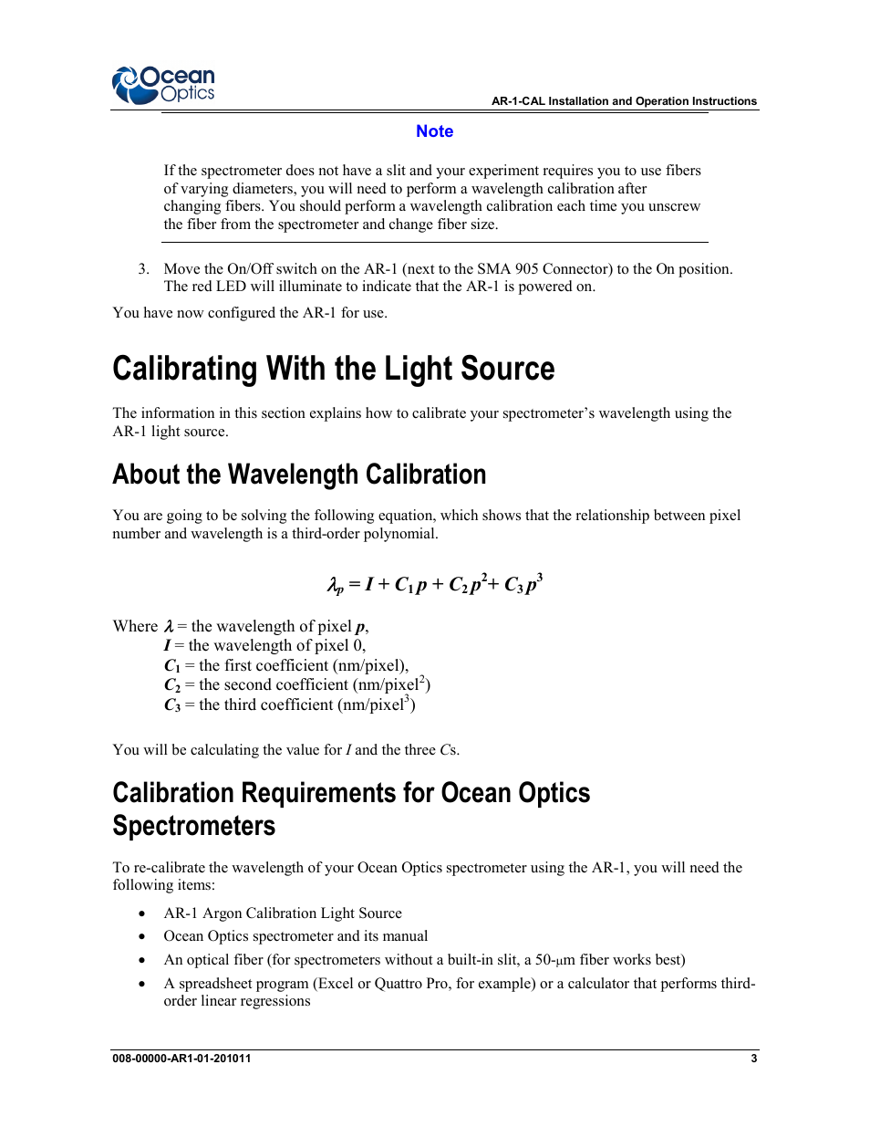 Calibrating with the light source, About the wavelength calibration, I + c | P + c | Ocean Optics AR-1 Argon User Manual | Page 3 / 6