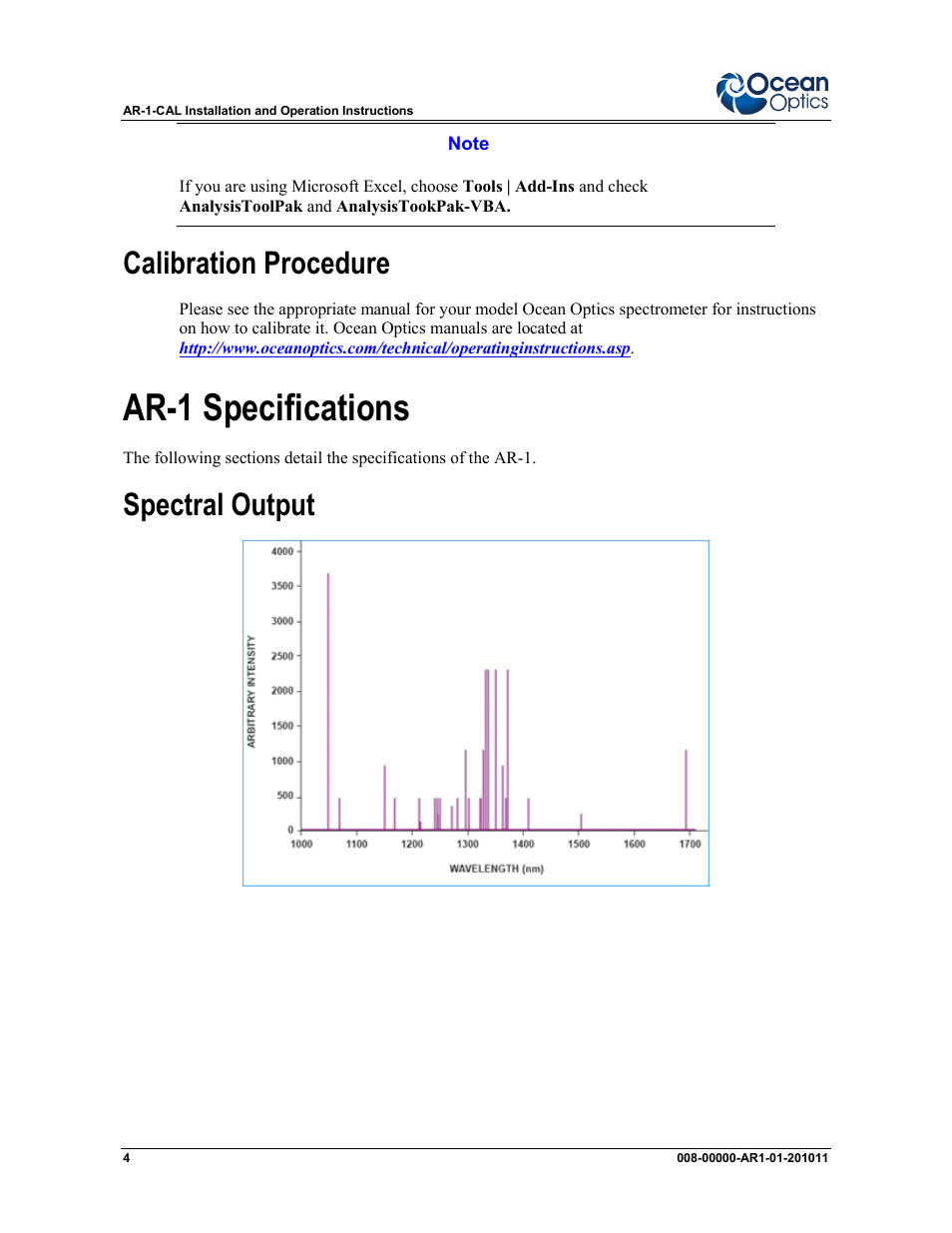 Ar-1 specifications, Calibration procedure, Spectral output | Ocean Optics AR-1 Argon User Manual | Page 4 / 6