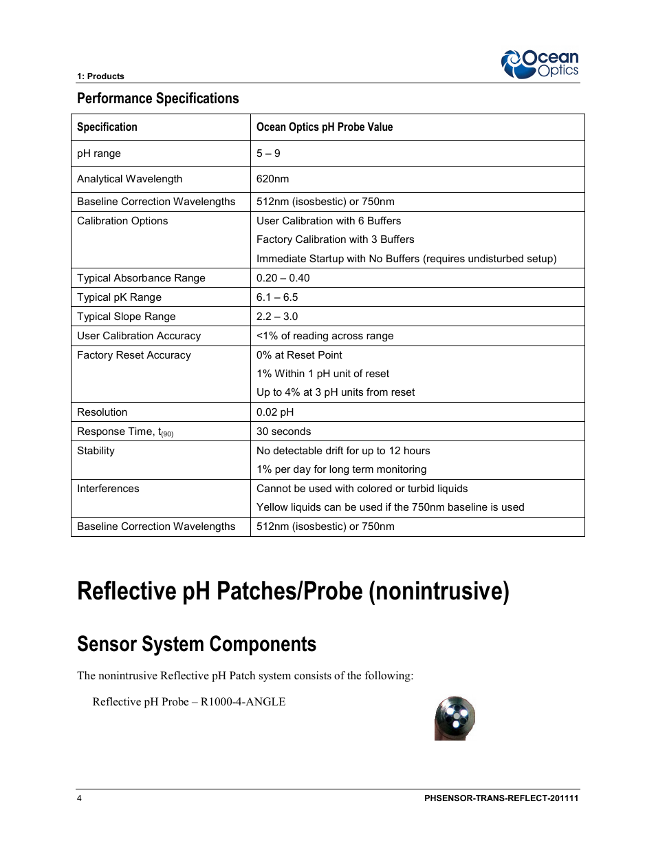 Reflective ph patches/probe (nonintrusive), Sensor system components, Performance specifications | Ocean Optics pH Sensor Patches, Probes and Cuvettes User Manual | Page 10 / 36