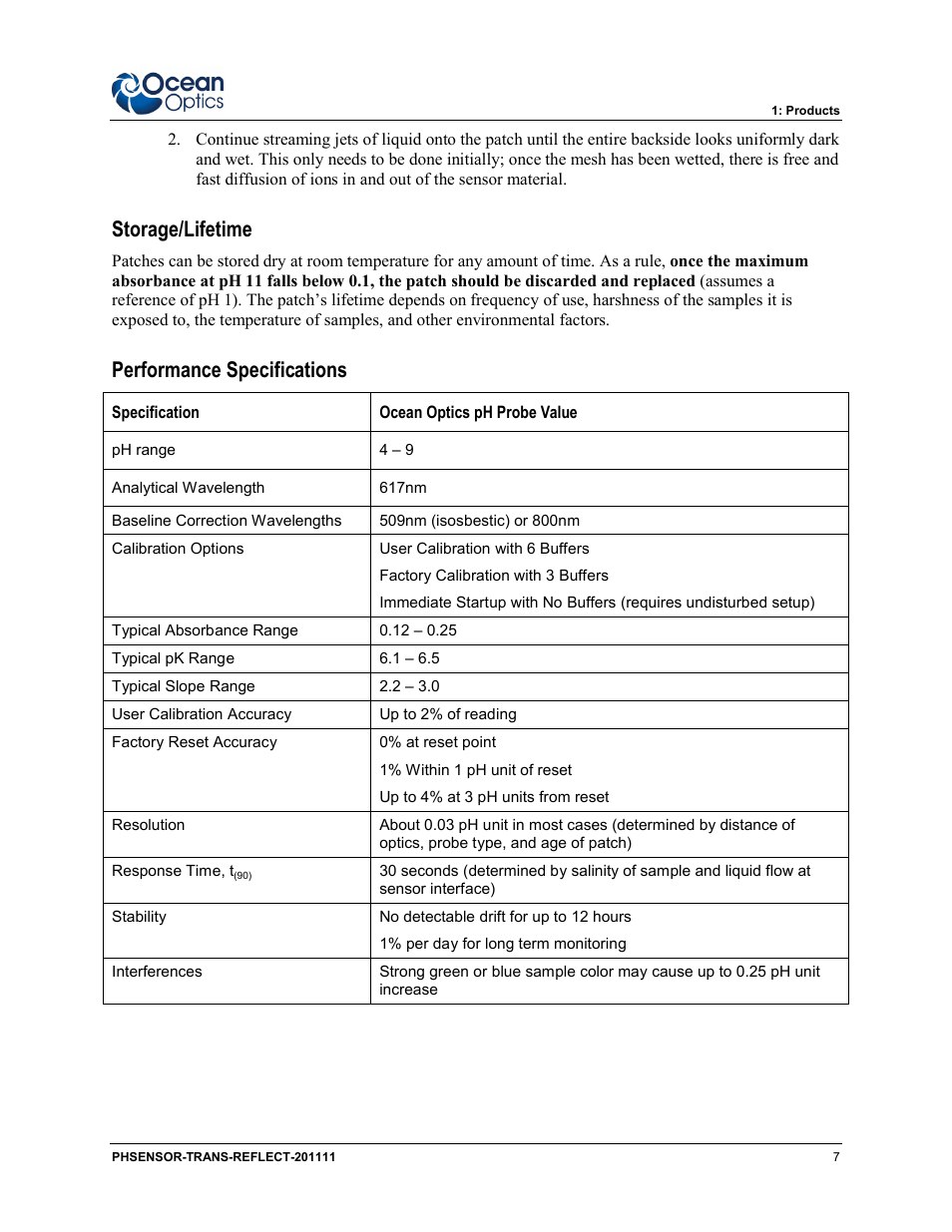 Storage/lifetime, Performance specifications | Ocean Optics pH Sensor Patches, Probes and Cuvettes User Manual | Page 13 / 36