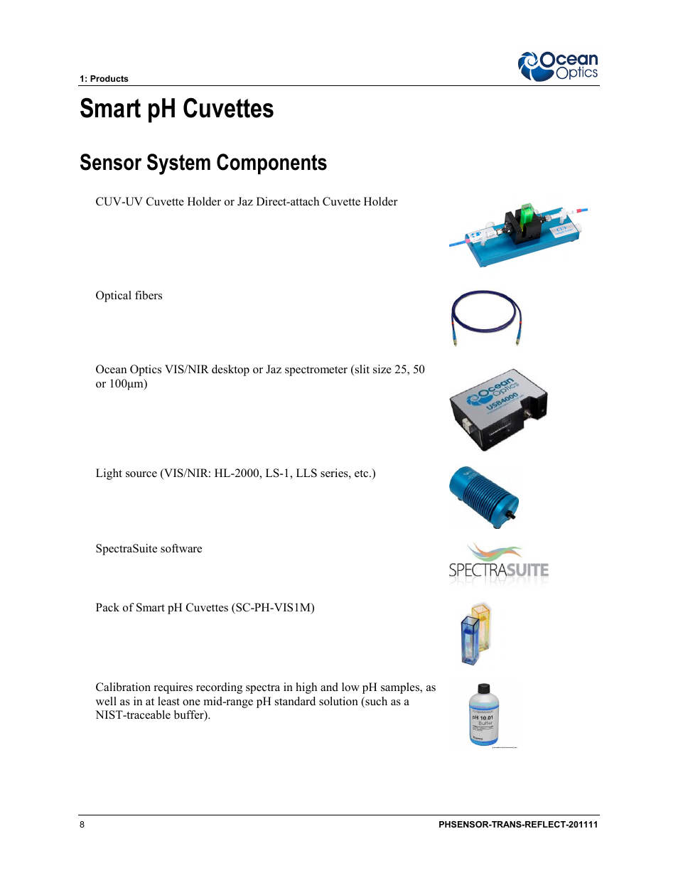 Smart ph cuvettes, Sensor system components | Ocean Optics pH Sensor Patches, Probes and Cuvettes User Manual | Page 14 / 36