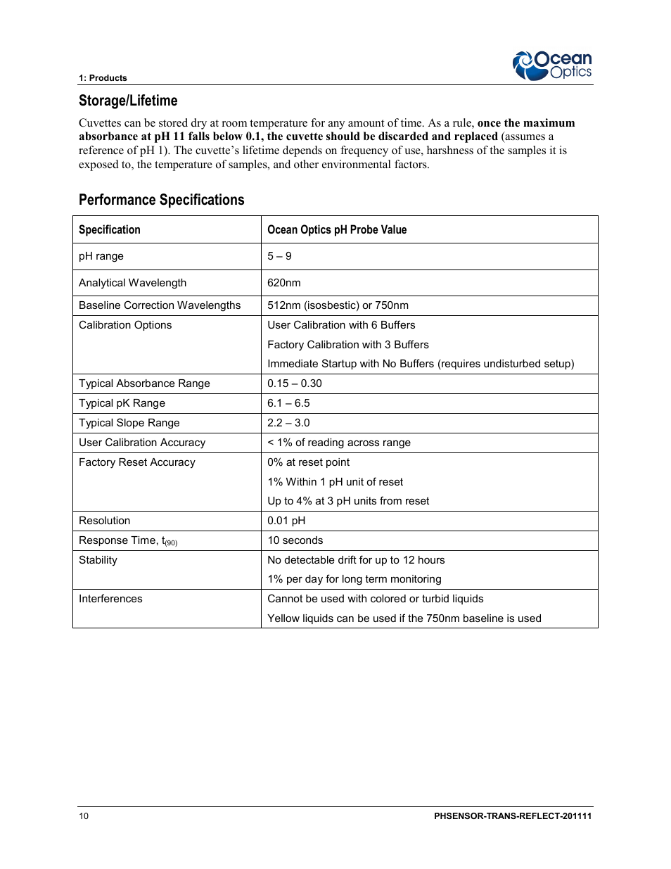 Storage/lifetime, Performance specifications | Ocean Optics pH Sensor Patches, Probes and Cuvettes User Manual | Page 16 / 36