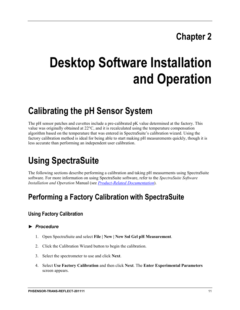 Desktop software installation and operation, Chapter 2, Calibrating the ph sensor system | Using spectrasuite, Performing a factory calibration with spectrasuite | Ocean Optics pH Sensor Patches, Probes and Cuvettes User Manual | Page 17 / 36