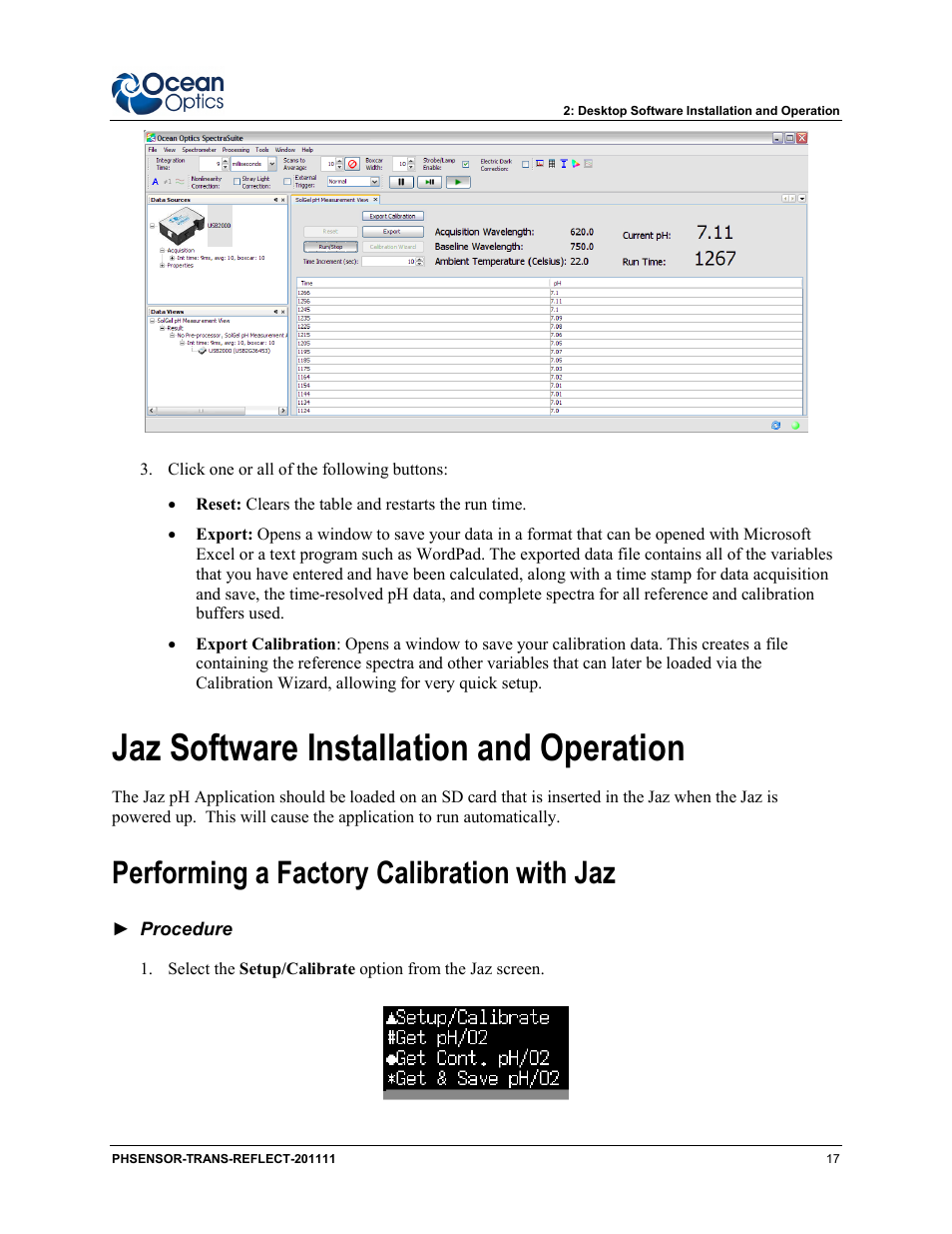 Jaz software installation and operation, Performing a factory calibration with jaz | Ocean Optics pH Sensor Patches, Probes and Cuvettes User Manual | Page 23 / 36