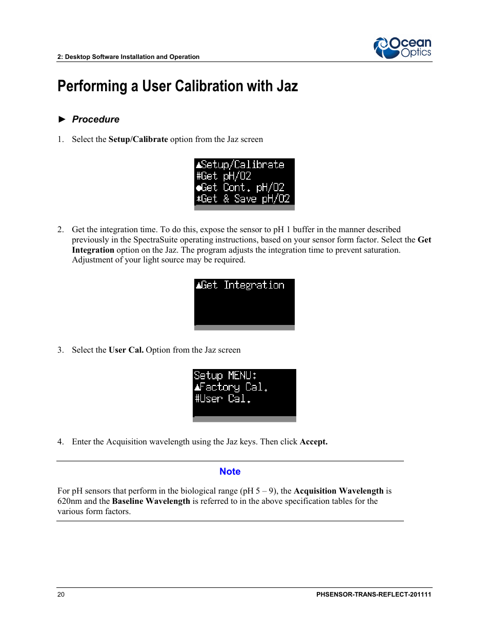 Performing a user calibration with jaz | Ocean Optics pH Sensor Patches, Probes and Cuvettes User Manual | Page 26 / 36