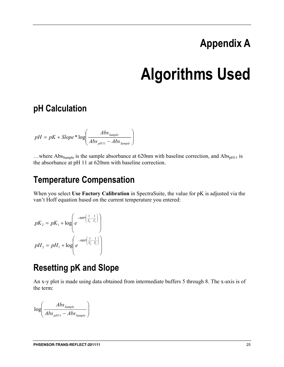 Algorithms used, Appendix a, Ph calculation | Temperature compensation, Resetting pk and slope | Ocean Optics pH Sensor Patches, Probes and Cuvettes User Manual | Page 31 / 36