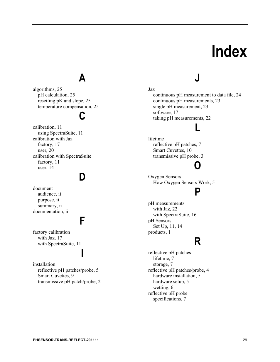 Index | Ocean Optics pH Sensor Patches, Probes and Cuvettes User Manual | Page 35 / 36