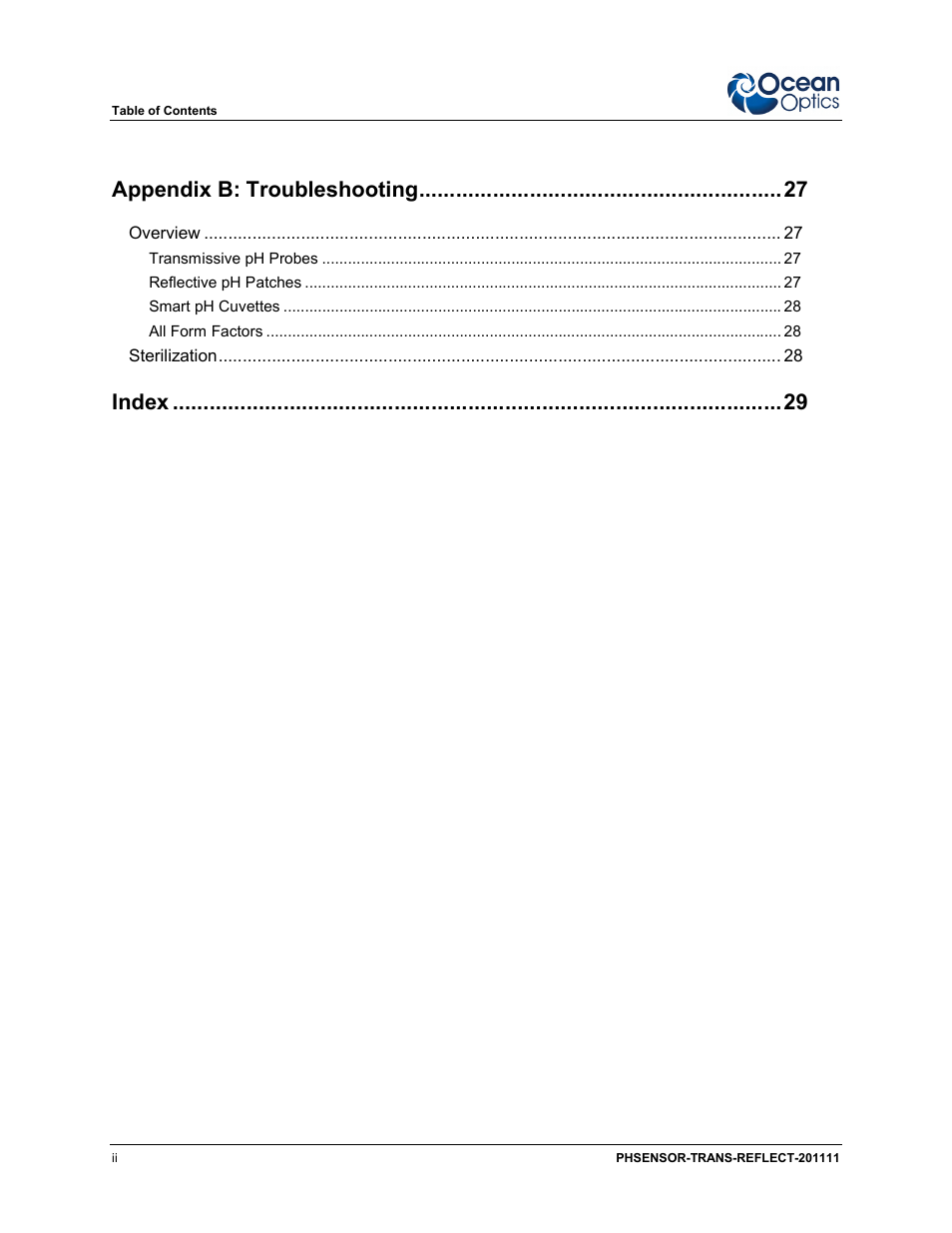 Appendix b: troubleshooting, Index | Ocean Optics pH Sensor Patches, Probes and Cuvettes User Manual | Page 4 / 36