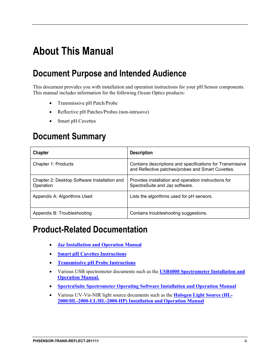 About this manual, Document purpose and intended audience, Document summary | Product-related documentation | Ocean Optics pH Sensor Patches, Probes and Cuvettes User Manual | Page 5 / 36