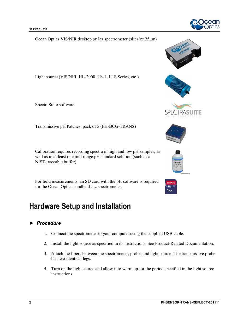 Hardware setup and installation | Ocean Optics pH Sensor Patches, Probes and Cuvettes User Manual | Page 8 / 36