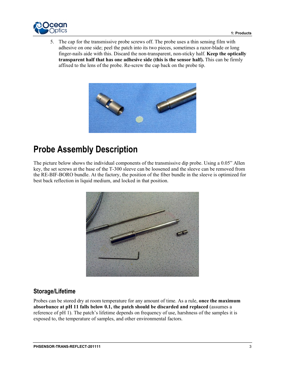 Probe assembly description, Storage/lifetime | Ocean Optics pH Sensor Patches, Probes and Cuvettes User Manual | Page 9 / 36