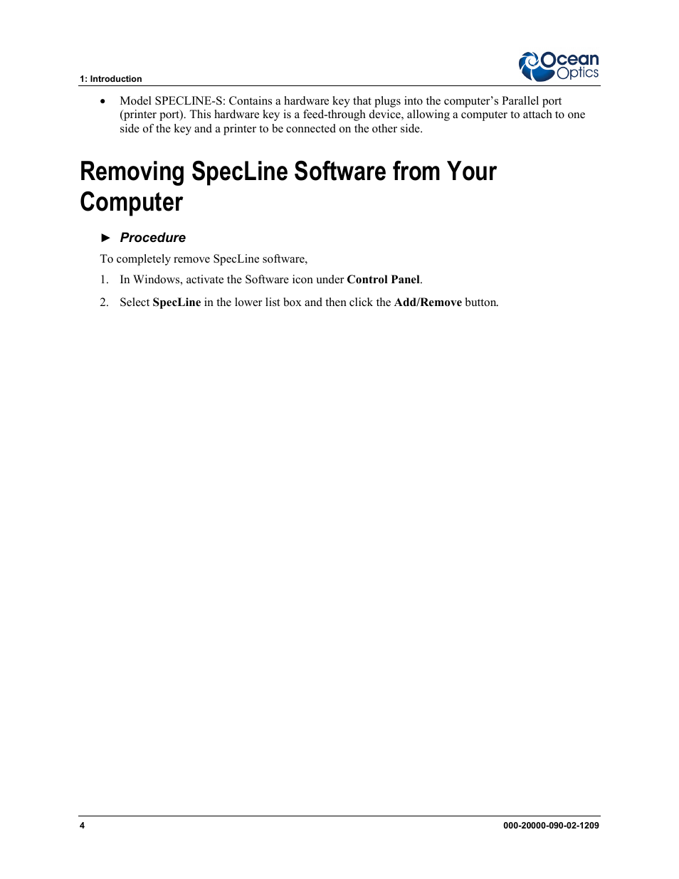 Removing specline software from your computer | Ocean Optics SpecLine Offline Spectroscopy User Manual | Page 10 / 60