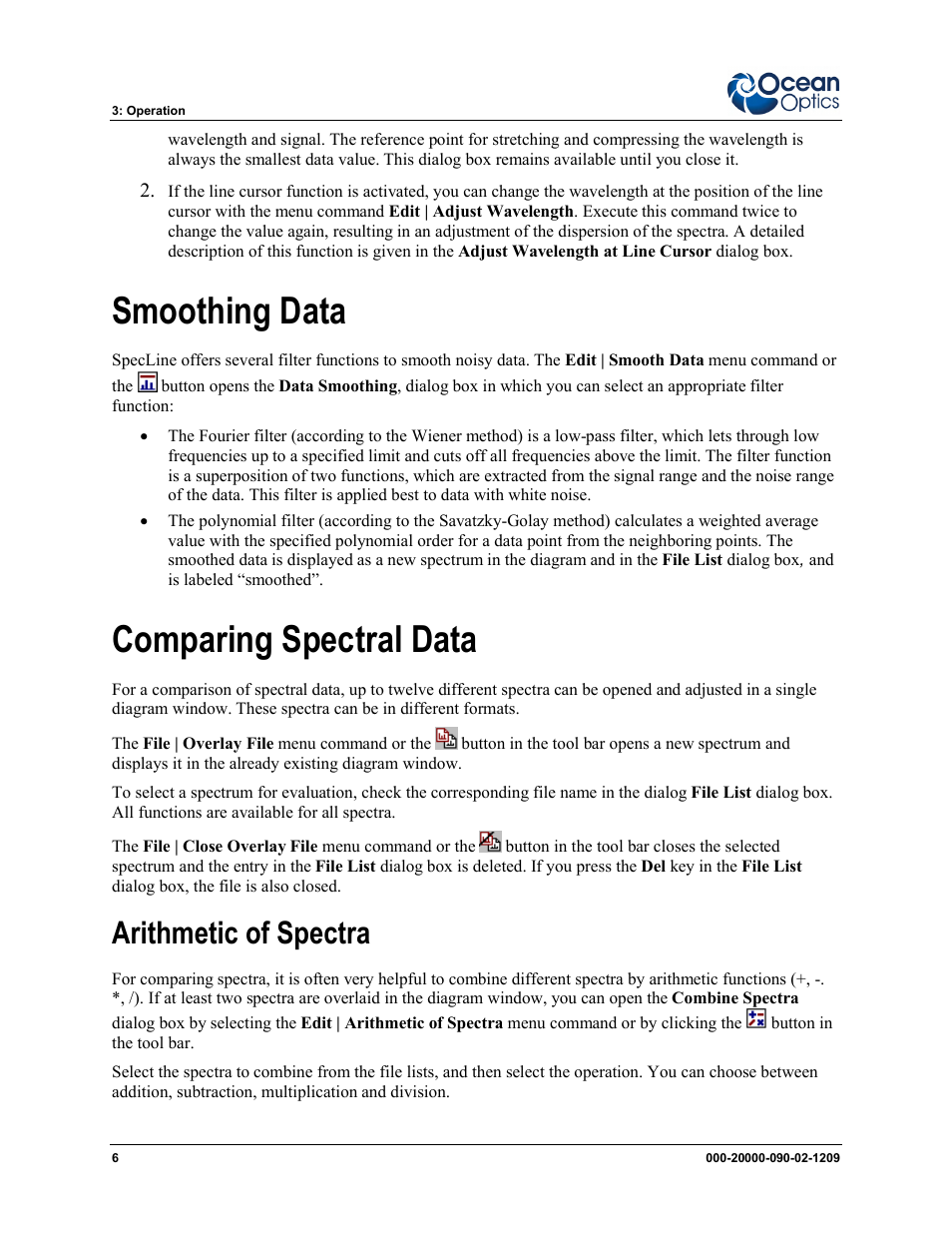 Smoothing data, Comparing spectral data, Arithmetic of spectra | Ocean Optics SpecLine Offline Spectroscopy User Manual | Page 12 / 60