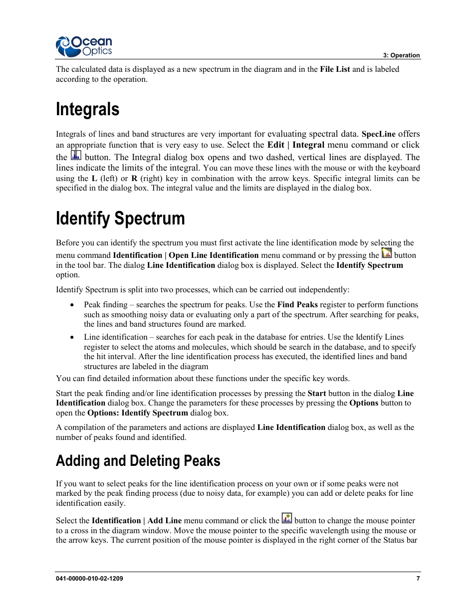 Integrals, Identify spectrum, Adding and deleting peaks | Ocean Optics SpecLine Offline Spectroscopy User Manual | Page 13 / 60