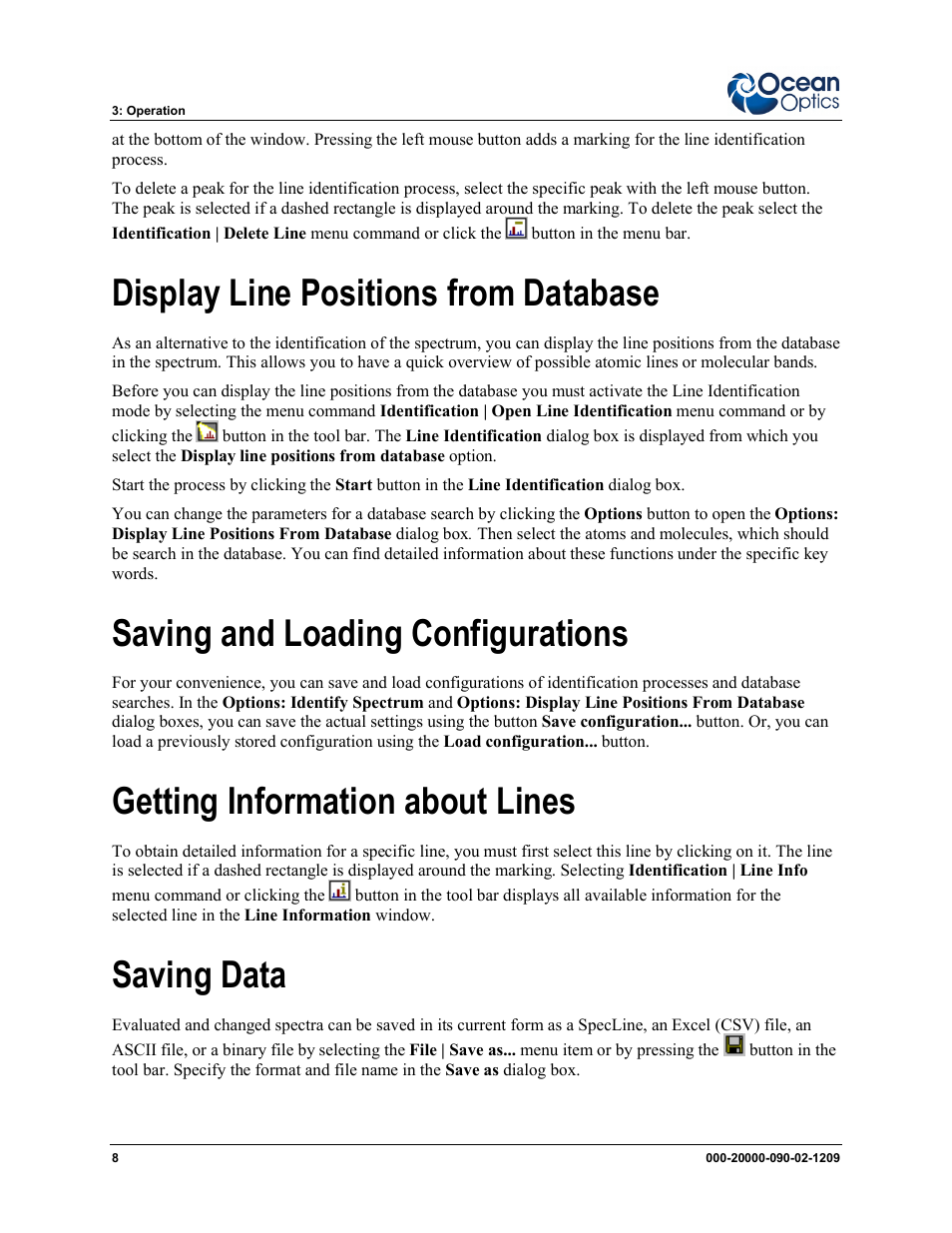 Display line positions from database, Saving and loading configurations, Getting information about lines | Saving data | Ocean Optics SpecLine Offline Spectroscopy User Manual | Page 14 / 60