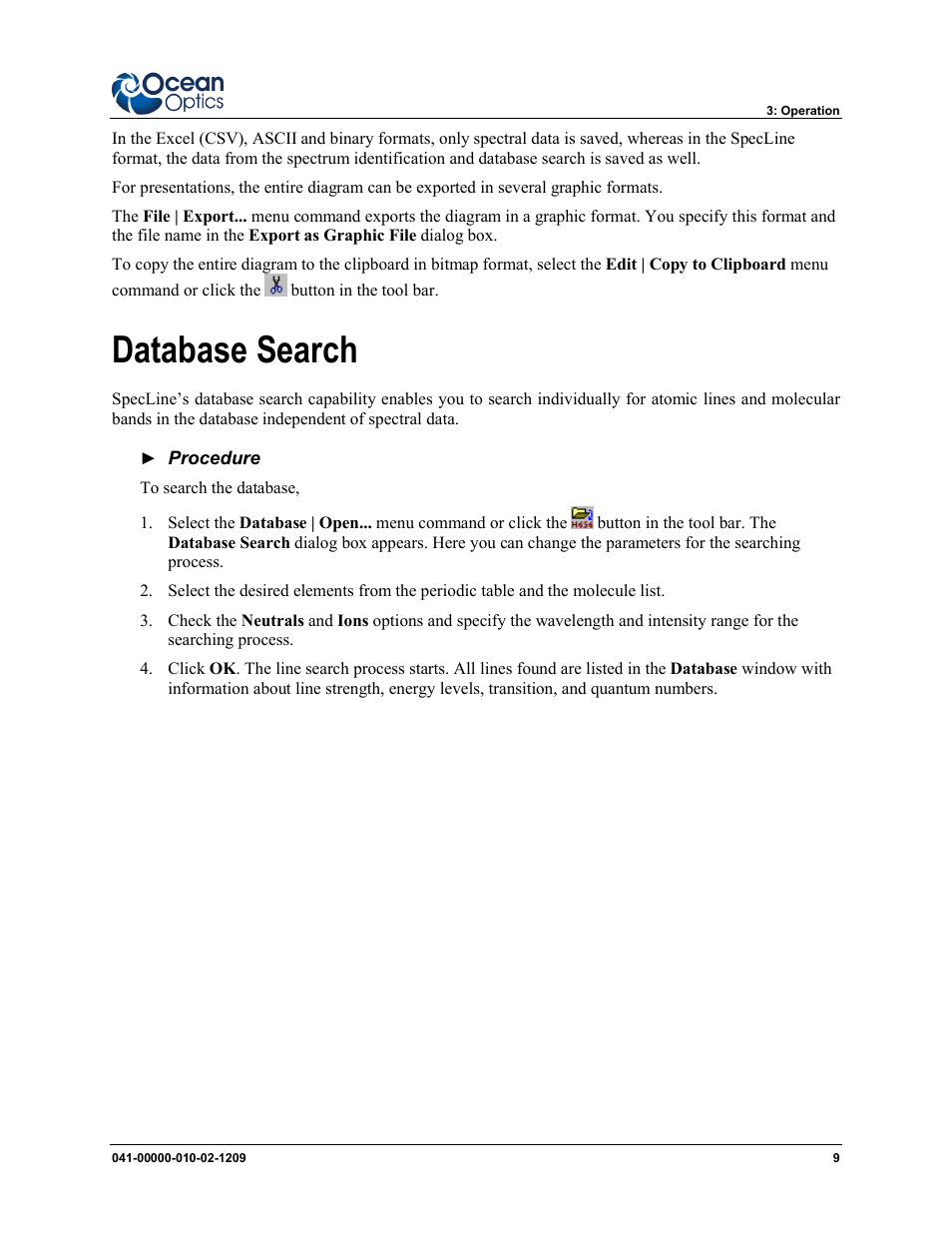 Database search | Ocean Optics SpecLine Offline Spectroscopy User Manual | Page 15 / 60