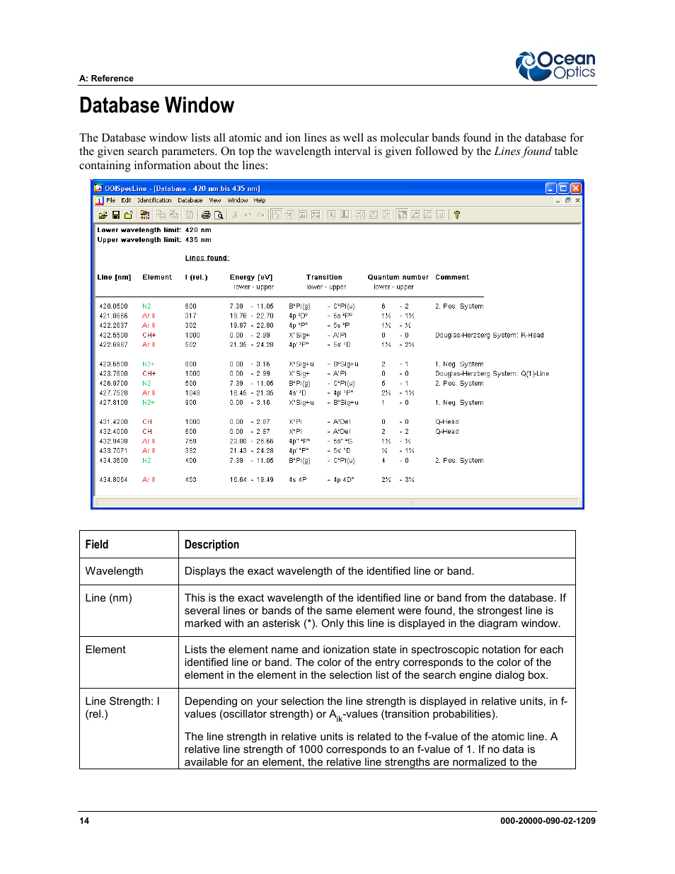 Database window | Ocean Optics SpecLine Offline Spectroscopy User Manual | Page 20 / 60
