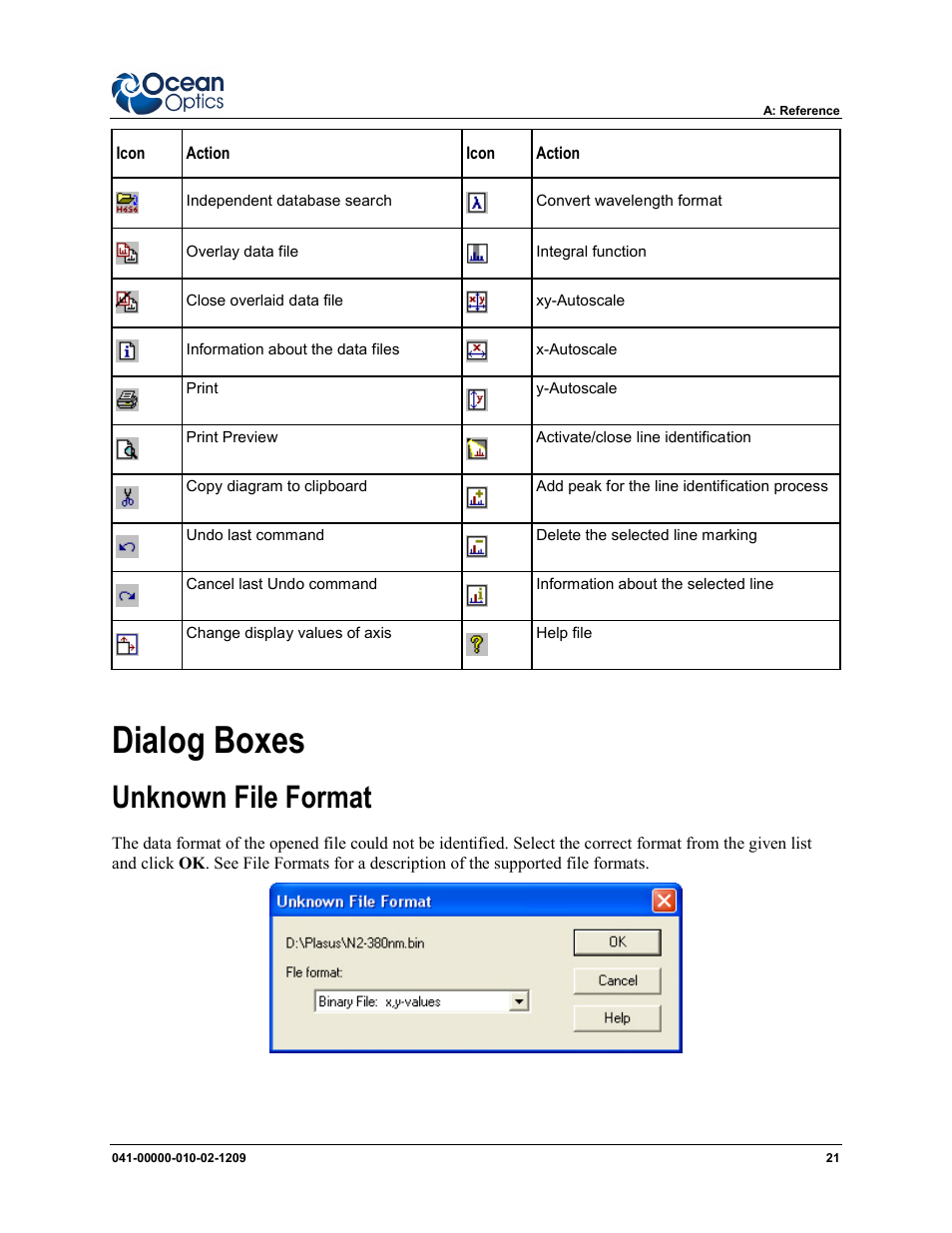 Dialog boxes, Unknown file format | Ocean Optics SpecLine Offline Spectroscopy User Manual | Page 27 / 60