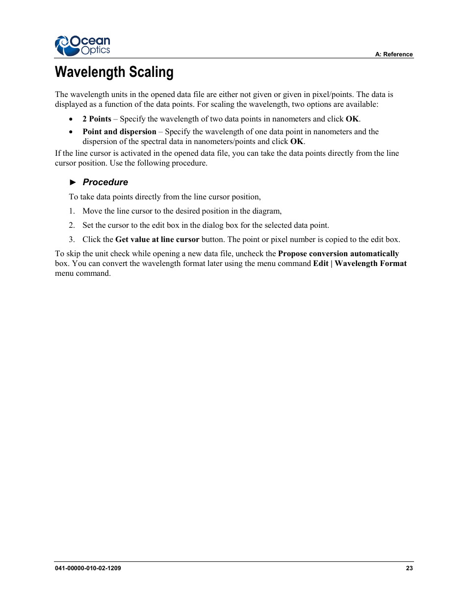 Wavelength scaling | Ocean Optics SpecLine Offline Spectroscopy User Manual | Page 29 / 60