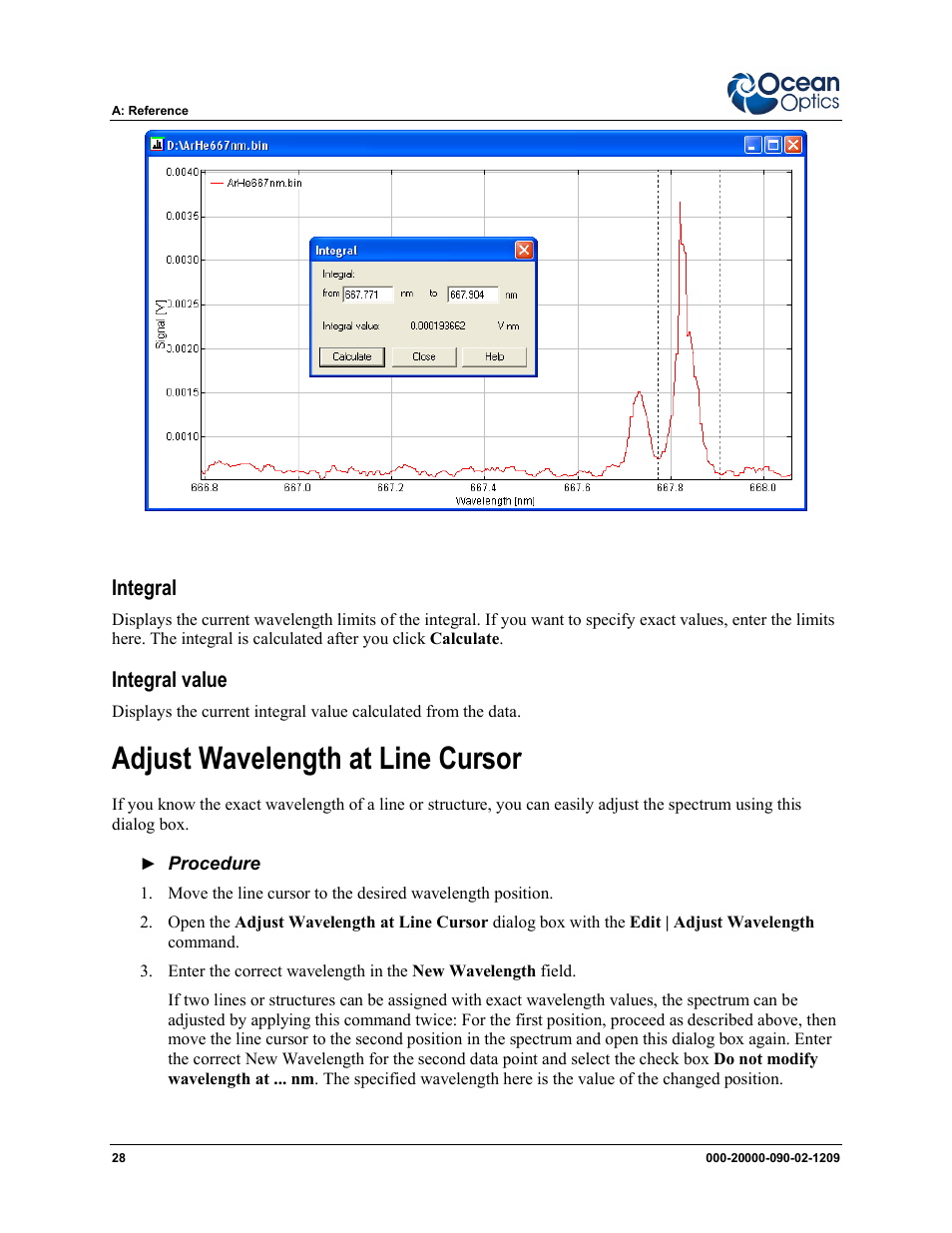 Adjust wavelength at line cursor, Integral, Integral value | Ocean Optics SpecLine Offline Spectroscopy User Manual | Page 34 / 60