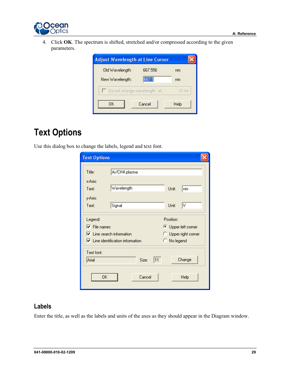 Text options, Labels | Ocean Optics SpecLine Offline Spectroscopy User Manual | Page 35 / 60