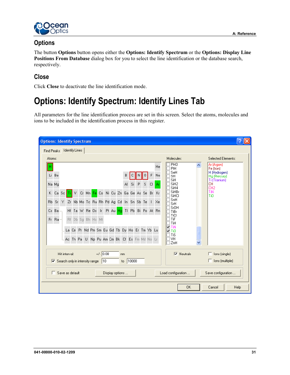 Options: identify spectrum: identify lines tab | Ocean Optics SpecLine Offline Spectroscopy User Manual | Page 37 / 60