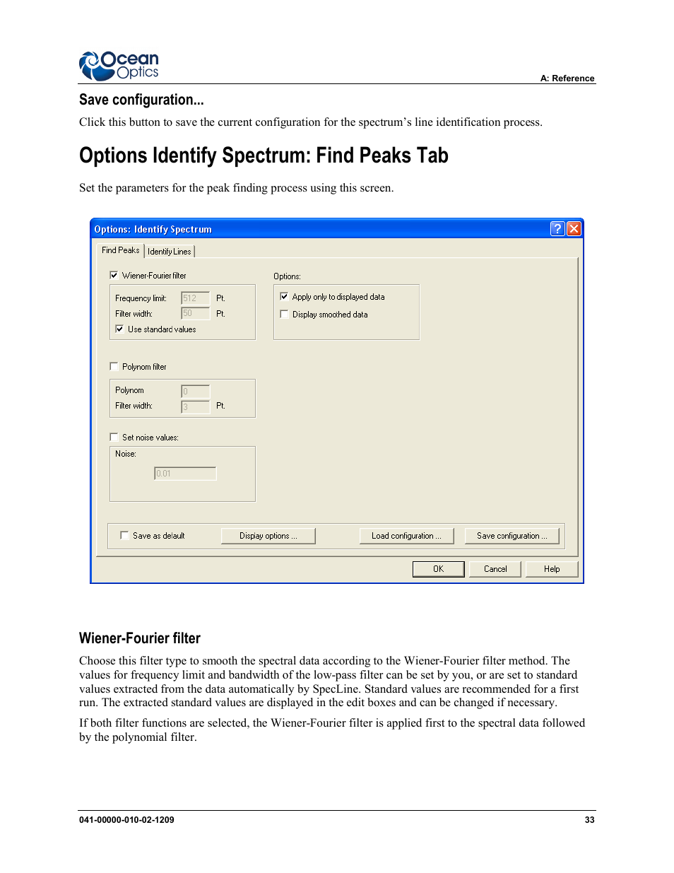 Options identify spectrum: find peaks tab | Ocean Optics SpecLine Offline Spectroscopy User Manual | Page 39 / 60