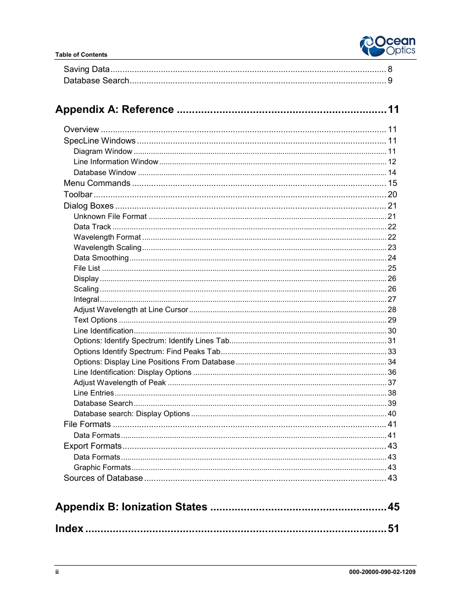 Appendix a : reference, Appendix b: ionization states index | Ocean Optics SpecLine Offline Spectroscopy User Manual | Page 4 / 60