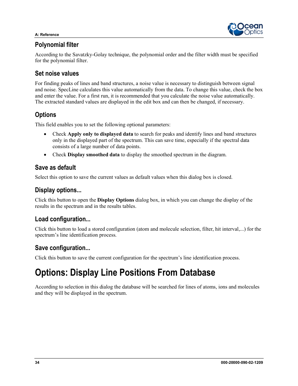 Options: display line positions from database | Ocean Optics SpecLine Offline Spectroscopy User Manual | Page 40 / 60