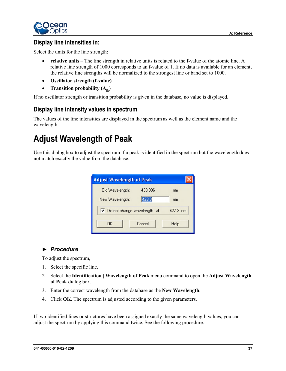 Adjust wavelength of peak, Display line intensities in, Display line intensity values in spectrum | Ocean Optics SpecLine Offline Spectroscopy User Manual | Page 43 / 60