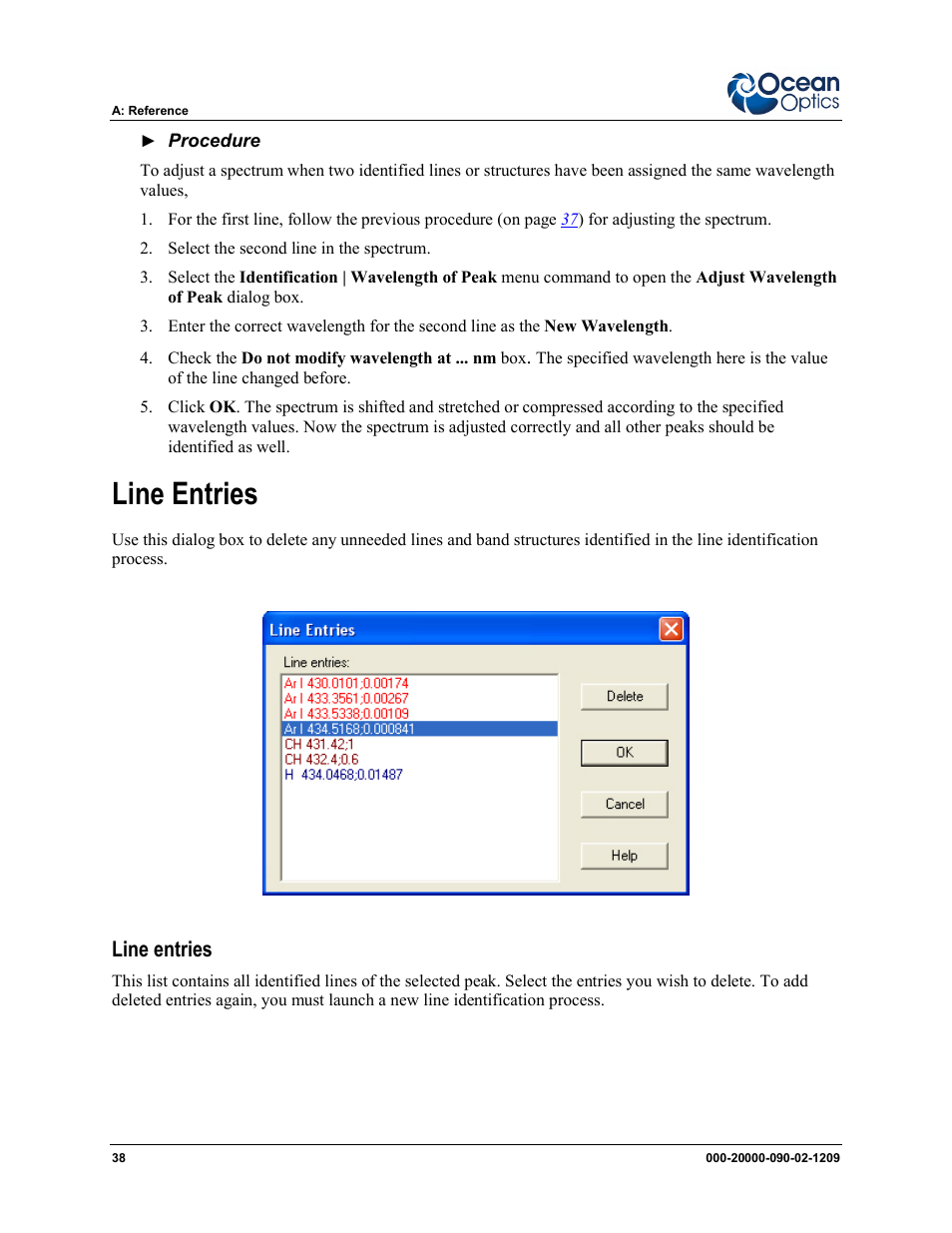 Line entries | Ocean Optics SpecLine Offline Spectroscopy User Manual | Page 44 / 60
