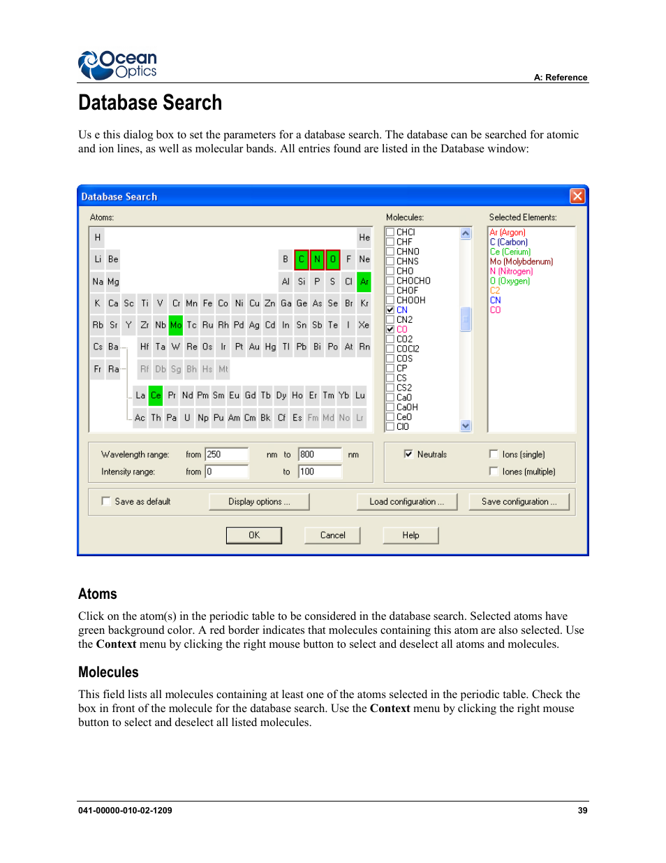 Database search | Ocean Optics SpecLine Offline Spectroscopy User Manual | Page 45 / 60