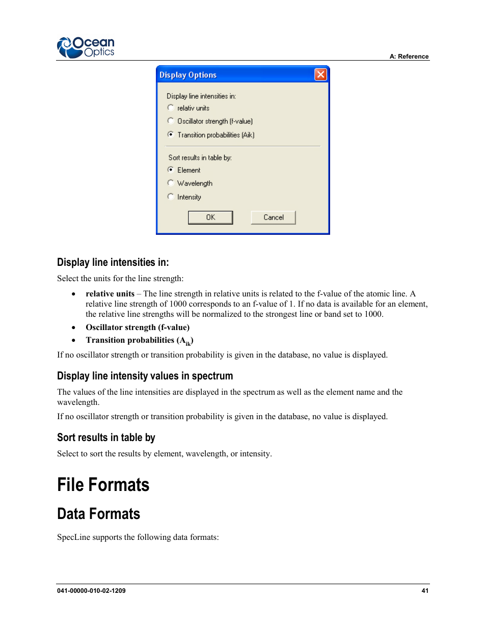 File formats, Data formats | Ocean Optics SpecLine Offline Spectroscopy User Manual | Page 47 / 60