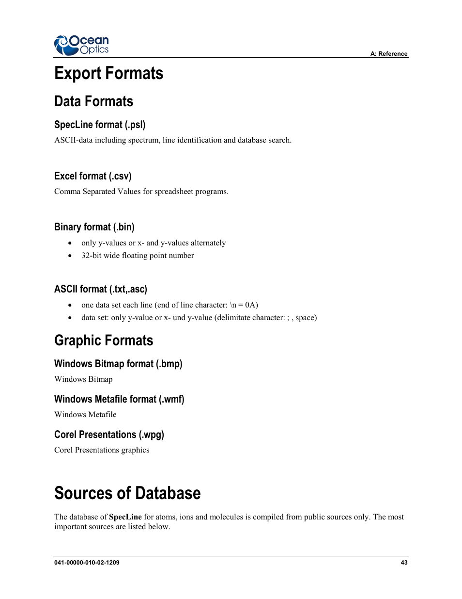 Export formats, Sources of database, Data formats | Graphic formats | Ocean Optics SpecLine Offline Spectroscopy User Manual | Page 49 / 60