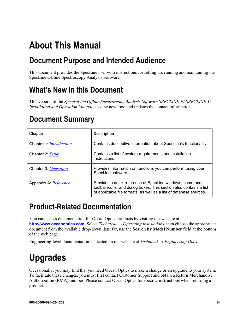 About this manual, Upgrades, Document purpose and intended audience | What’s new in this document, Document summary, Product-related documentation | Ocean Optics SpecLine Offline Spectroscopy User Manual | Page 5 / 60