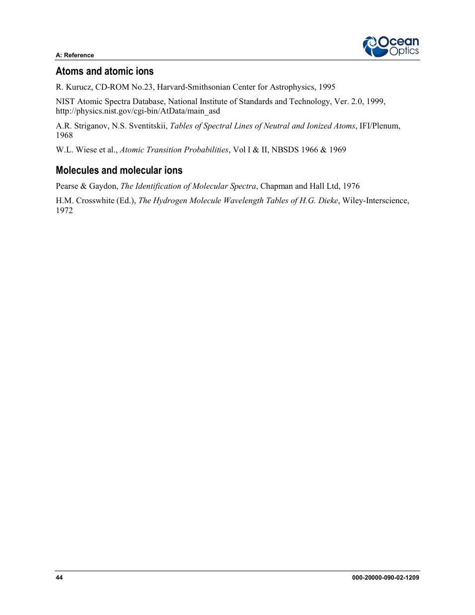 Atoms and atomic ions, Molecules and molecular ions | Ocean Optics SpecLine Offline Spectroscopy User Manual | Page 50 / 60