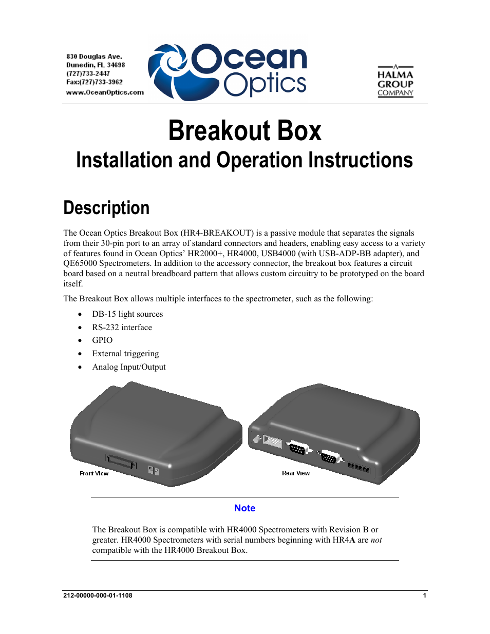 Ocean Optics Breakout Box User Manual | 10 pages
