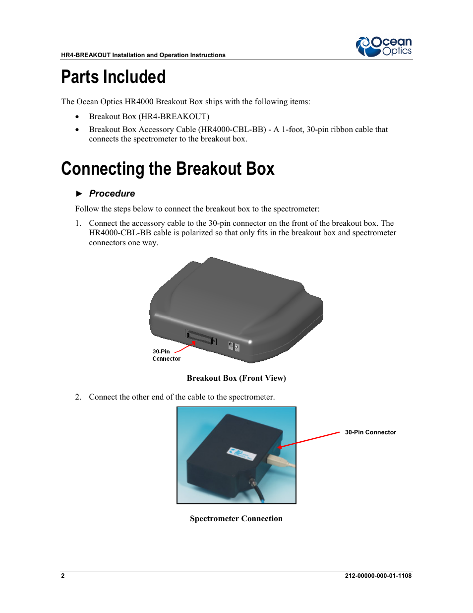 Parts included, Connecting the breakout box | Ocean Optics Breakout Box User Manual | Page 2 / 10